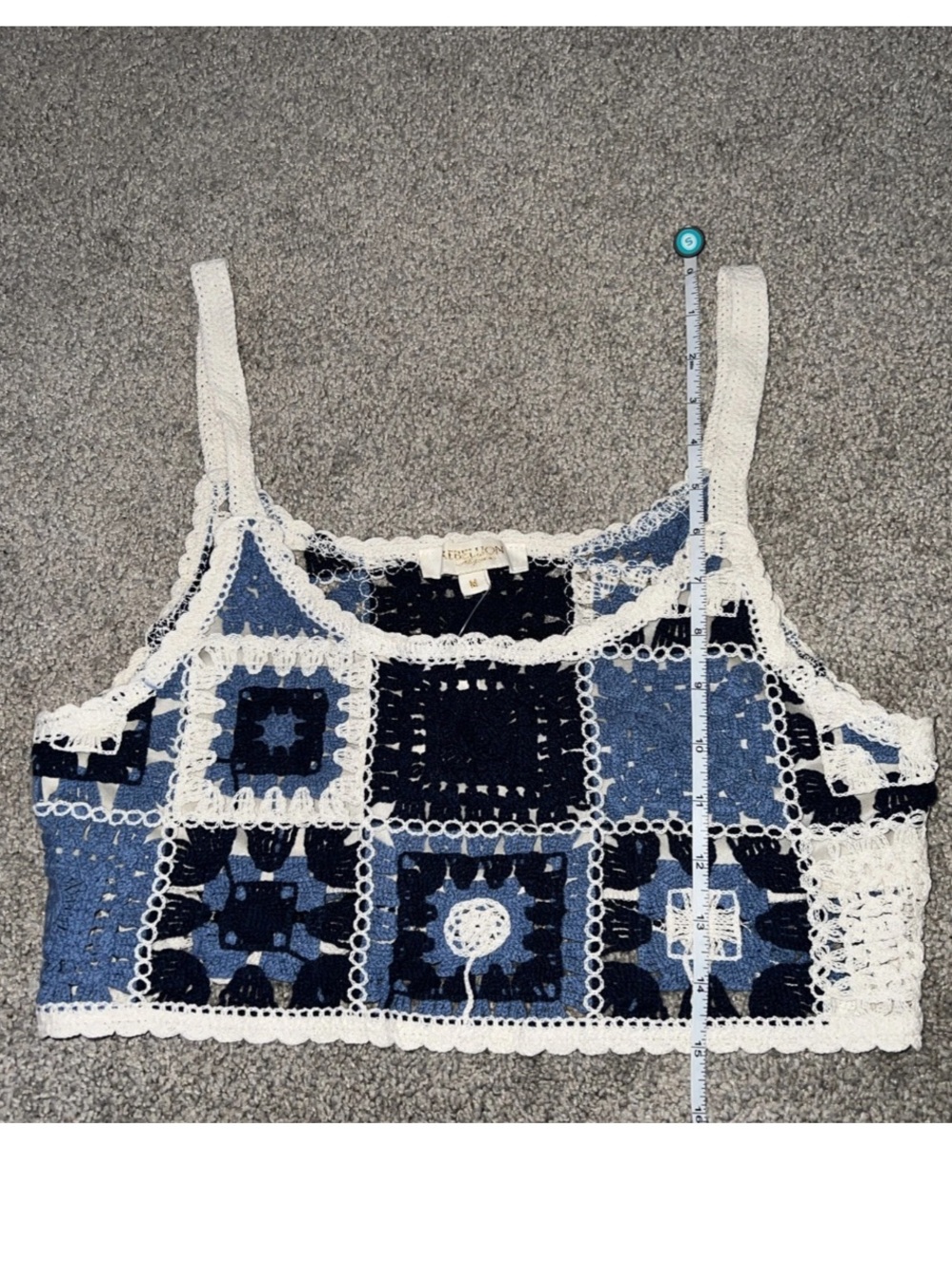 NWOT Rebellion Blue and White Crochet Patchwork Crop Top, Size Medium